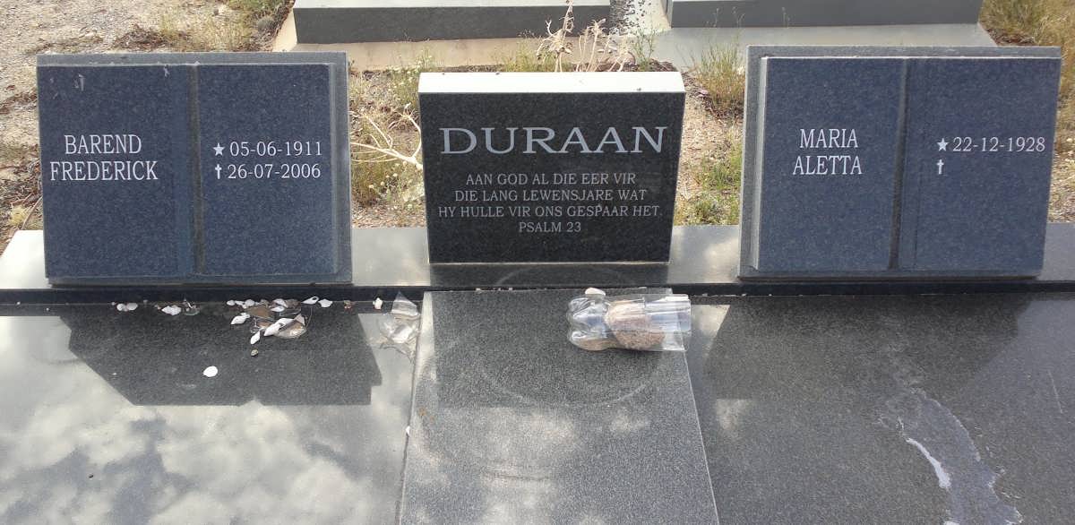 DURAAN Barend Frederick 1911-2006 &amp; Maria Aletta 1928-