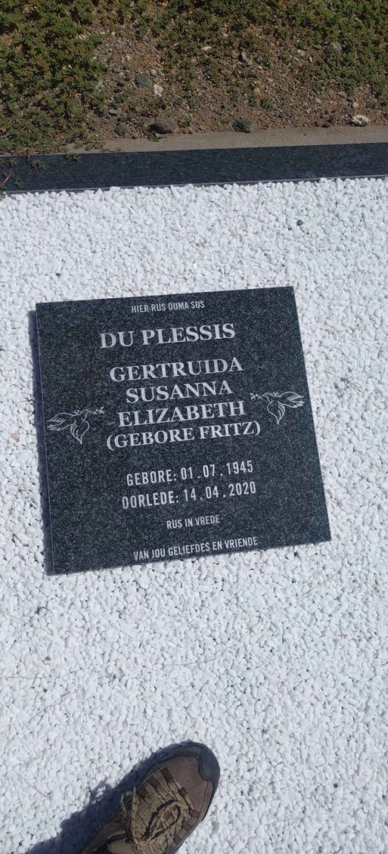 PLESSIS Gertruida Susanna Elizabeth nee FRITZ 1945-2020