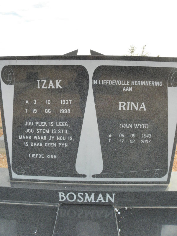 BOSMAN Izak 1937-1998 &amp; Rina van WYK 1943-2007