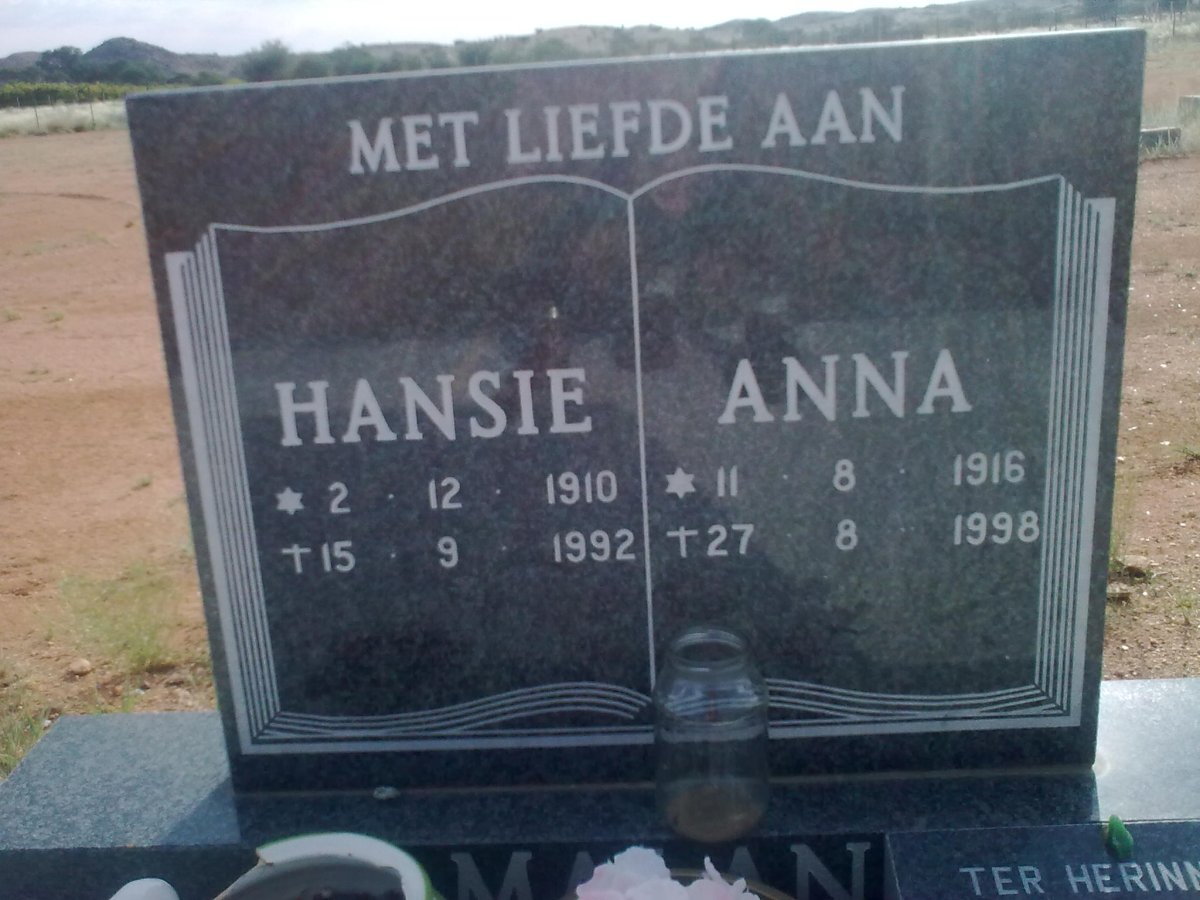 MALAN Hansie 1910-1992 &amp; Anna 1916-1998