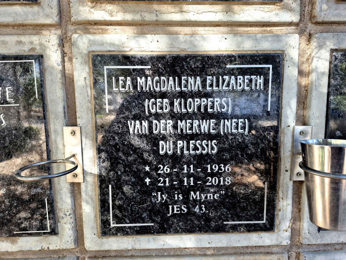 PLESSIS Lea Magdalena Elizabeth, du voorheen VAN DER MERWE, nee KLOPPERS 1936-2018