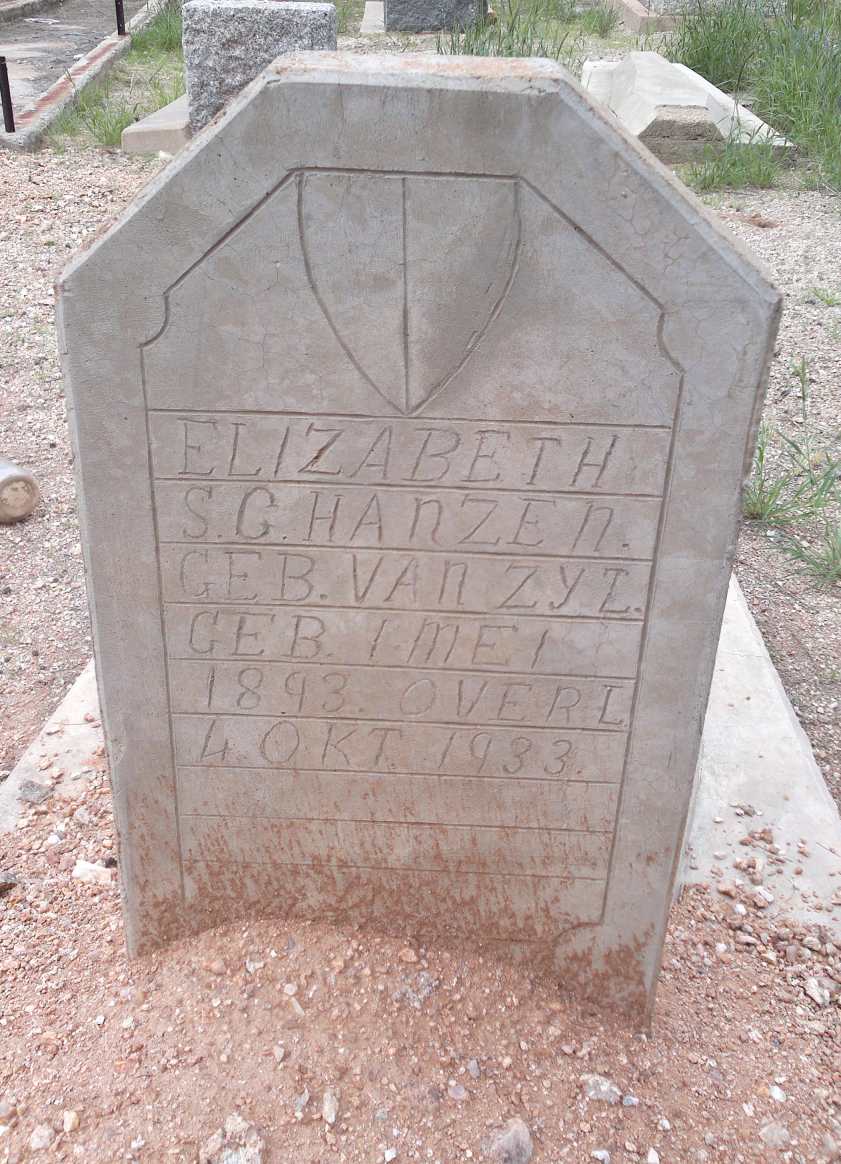 HANZEN Elizabeth S.G. nee VAN ZYL 1893-1933