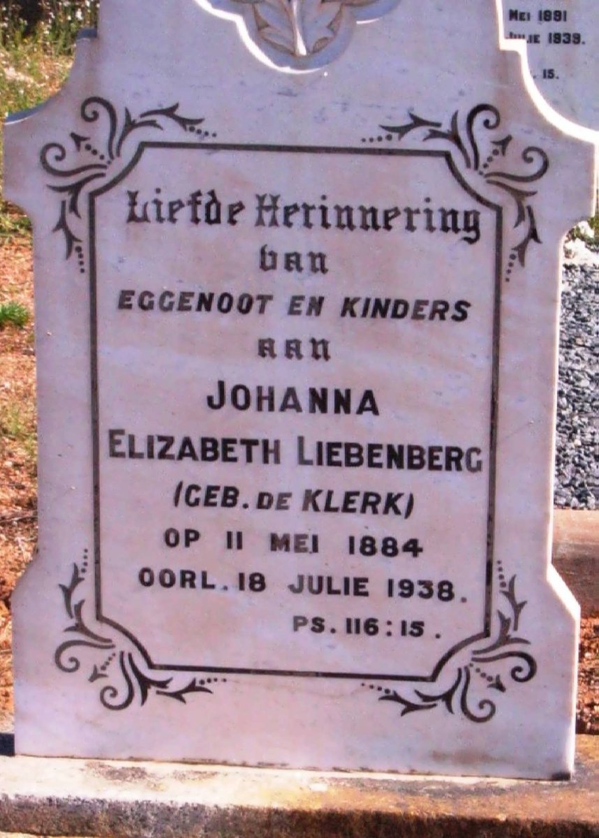LIEBENBERG Johanna Elizabeth nee DE KLERK 1884-1938