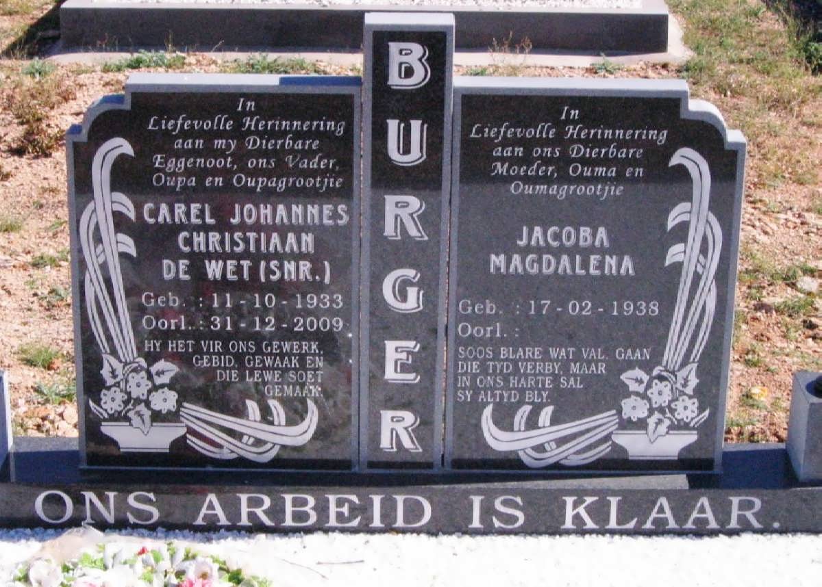 BURGER Carel Johannes Christiaan de Wet 1933-2009 &amp; Jacoba Magdalena 1938-