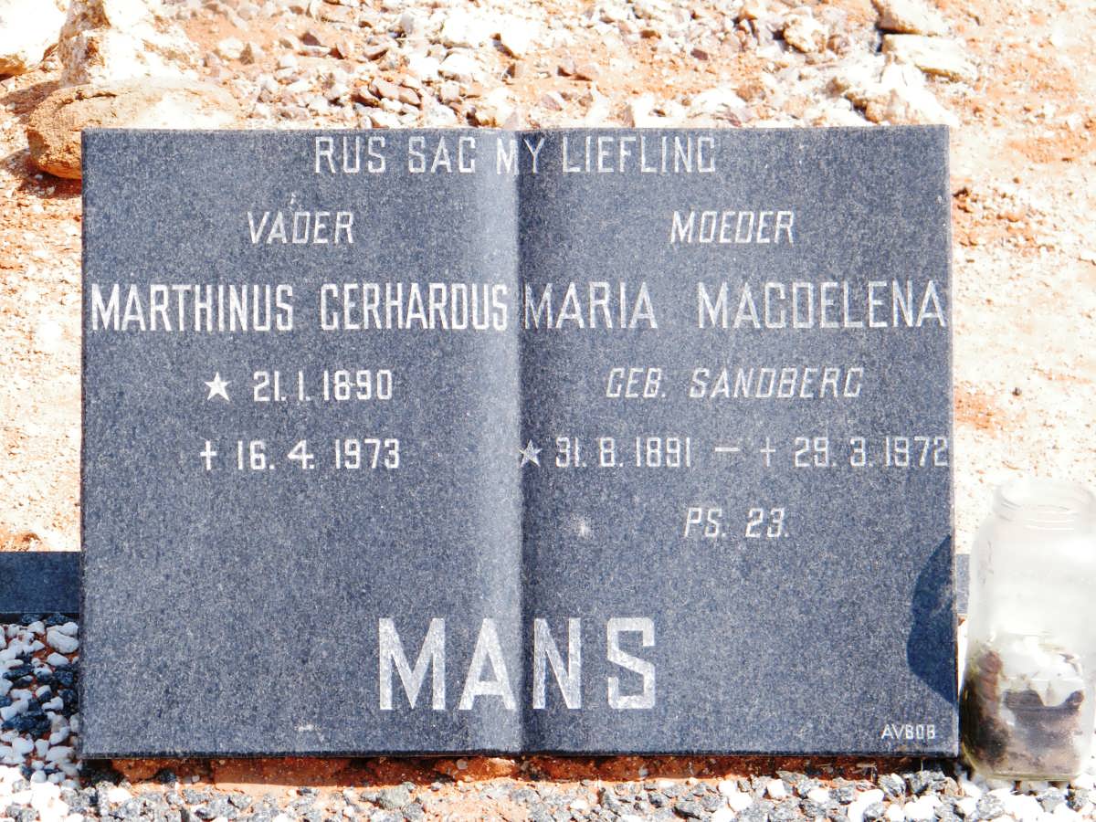 MANS  Marthinus Gerhardus 1890-1973 &amp; Maria Magdelena SANDBERG 1891-1972