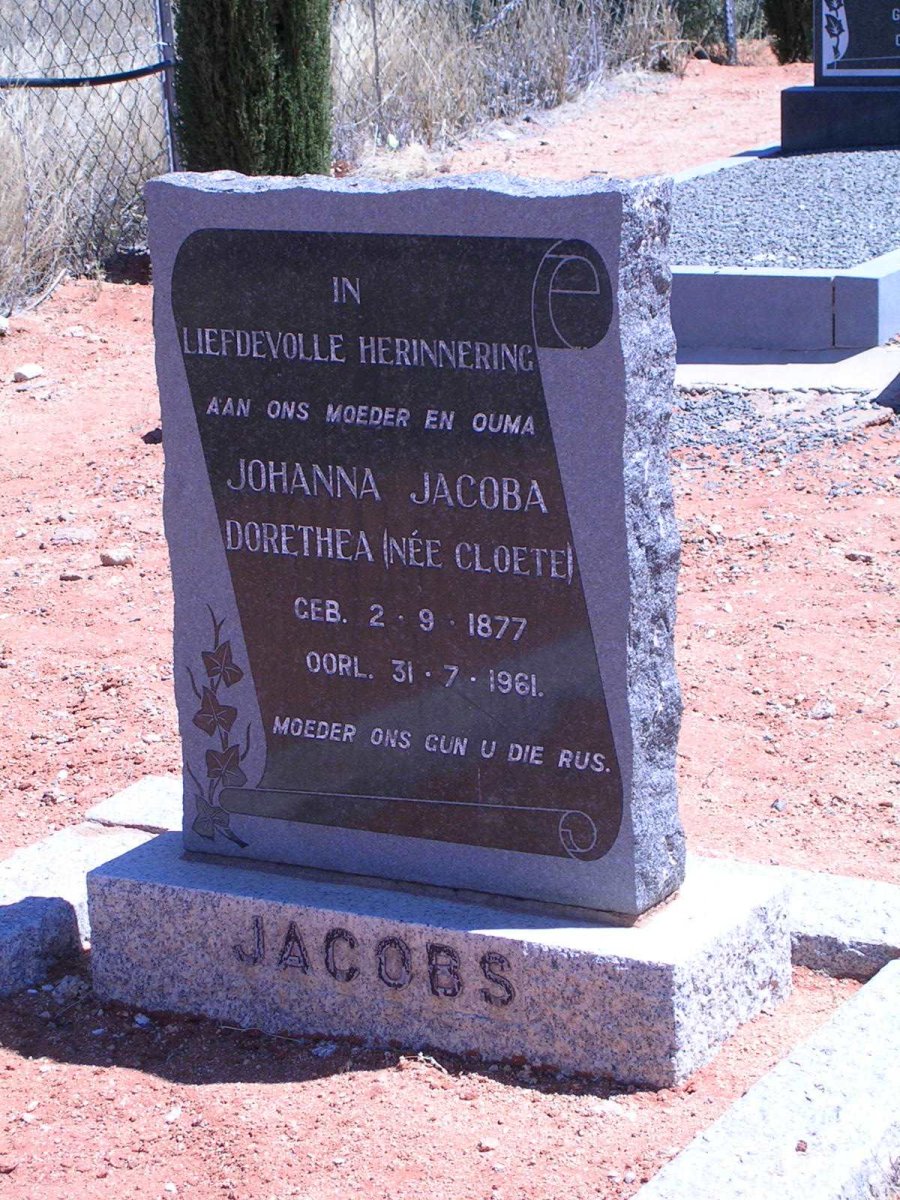 JACOBS Johanna Jacoba Dorethea nee CLOETE 1877-1961
