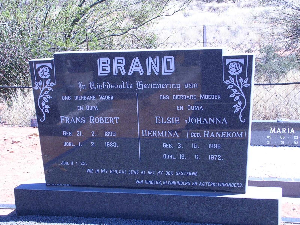 BRAND Frans Robert 1893-1983 &amp; Elsie Johanna Hermina HANEKOM 1898-1972