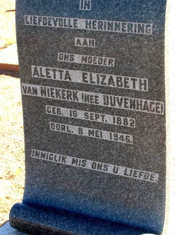 NIEKERK Aletta Elizabeth, van née DUVENHAGE 1882-1946
