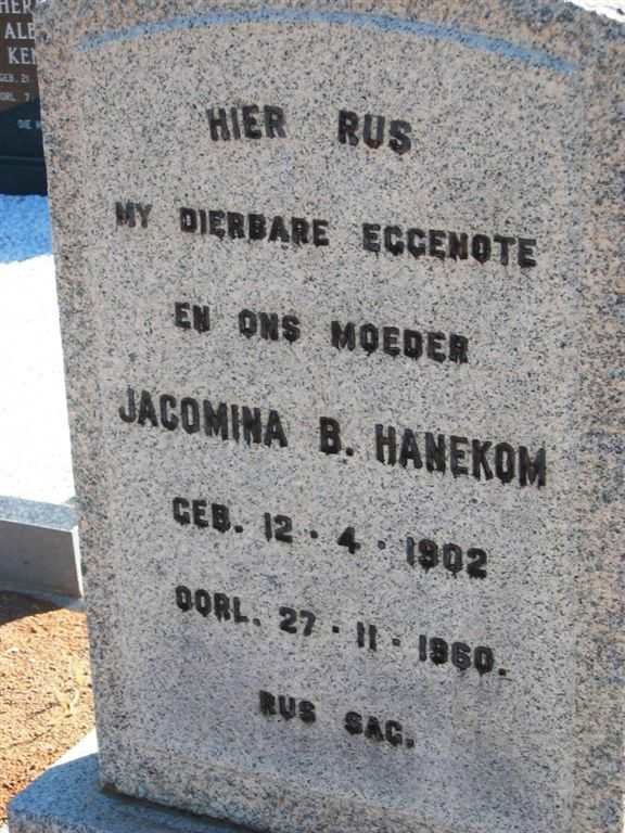 HANEKOM Jacomina B. 1902-1960
