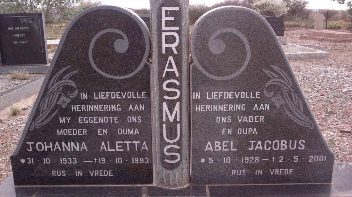 ERASMUS Abel Jacobus 1928-2001 &amp; Johanna Aletta 1933-1983