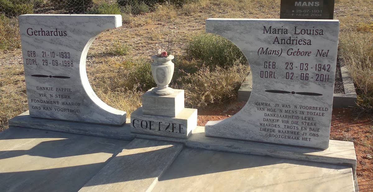 COETZEE Gerhardus 1933-1988 &amp; Maria Louisa Andriesa formerly MANS nee NEL 1942-2011