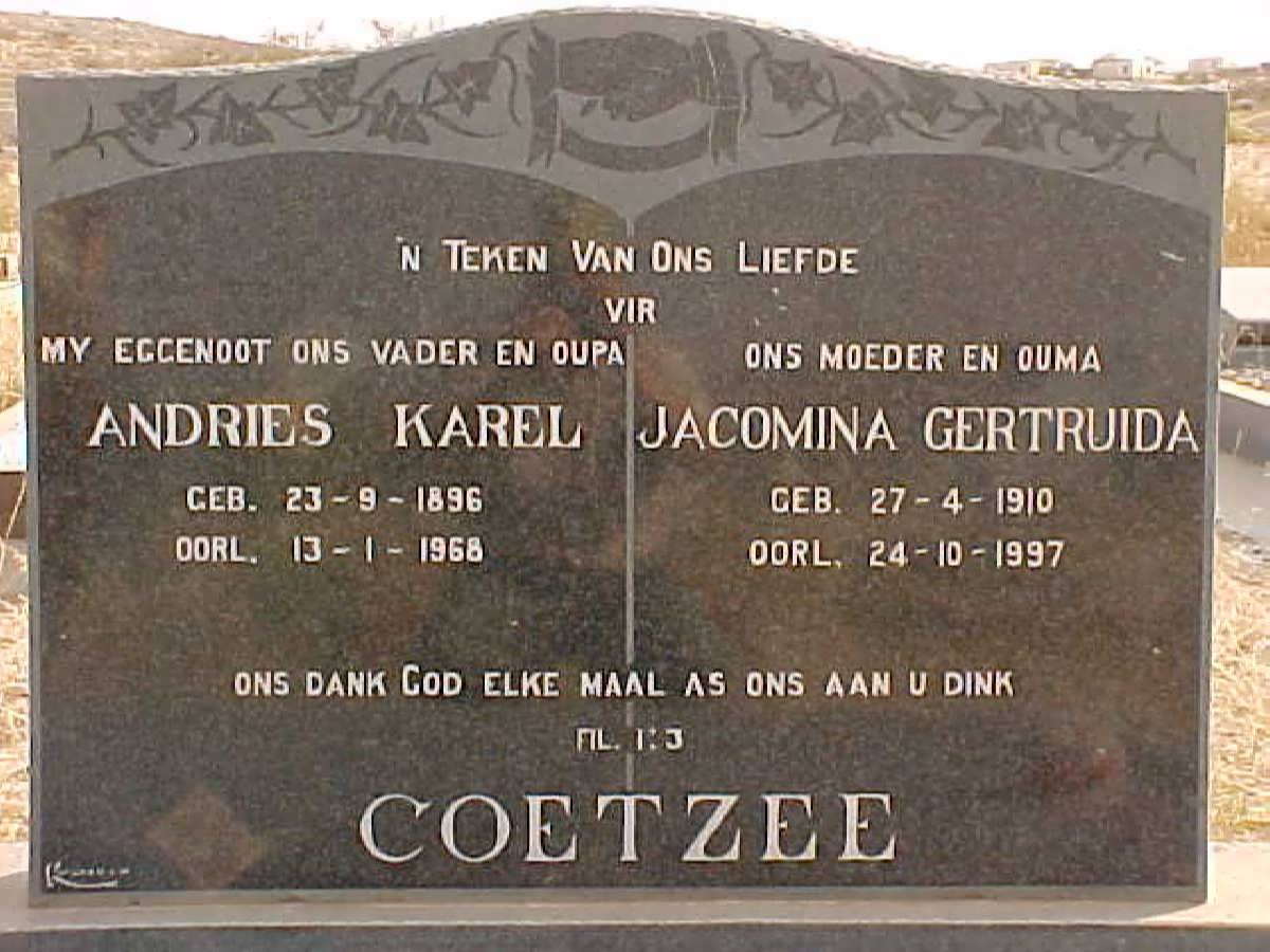 COETZEE Andries Karel 1896-1968 &amp; Jacomina Gertruida 1910-1997