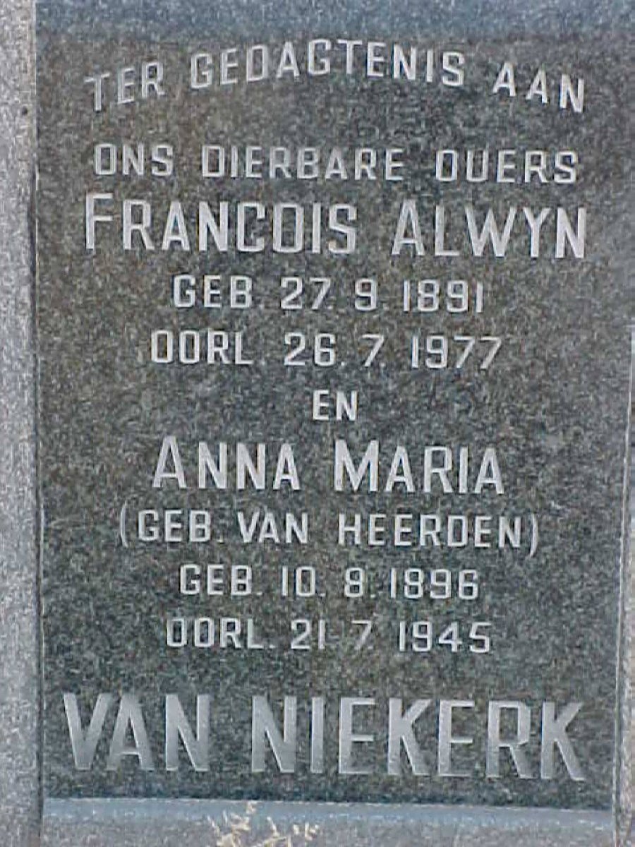 NIEKERK Francois Alwyn, van 1891-1977 &amp; Anna Maria VAN HEERDEN 1896-1945