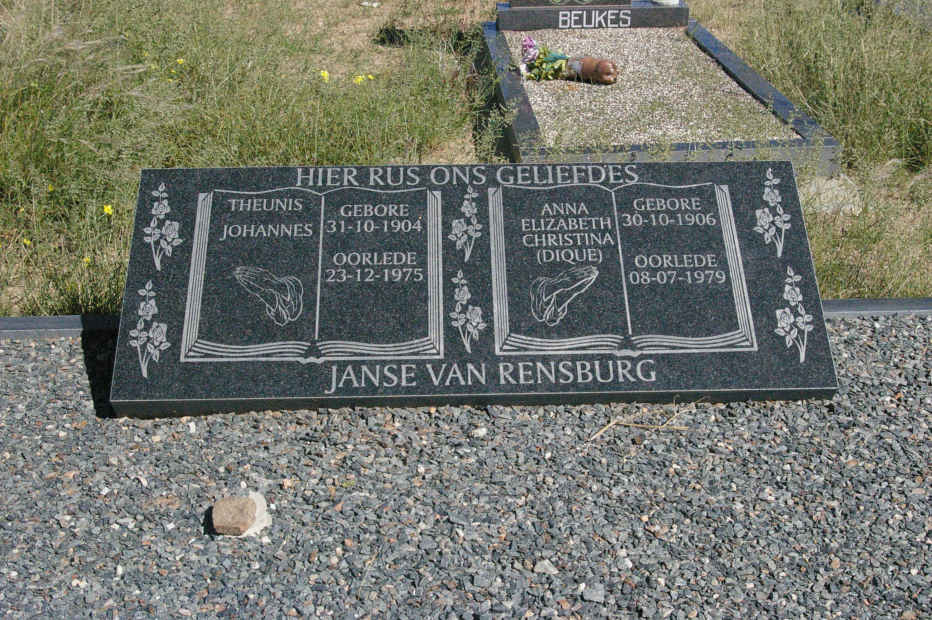 RENSBURG Theunis Johannes, Janse van 1904-1975 &amp; Anna Elizabeth Christina DIQUE 1906-1979