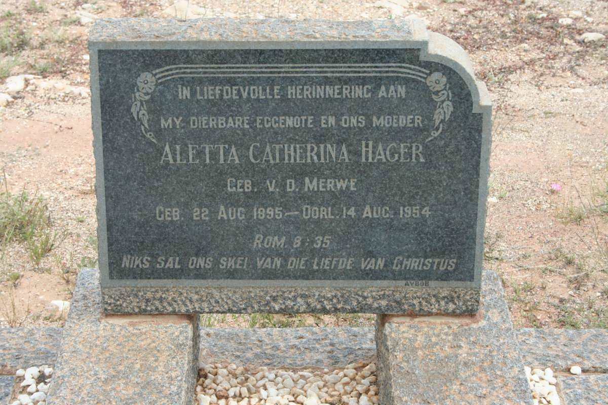 HAGER Aletta Catherina nee V.D. MERWE 1895-1954