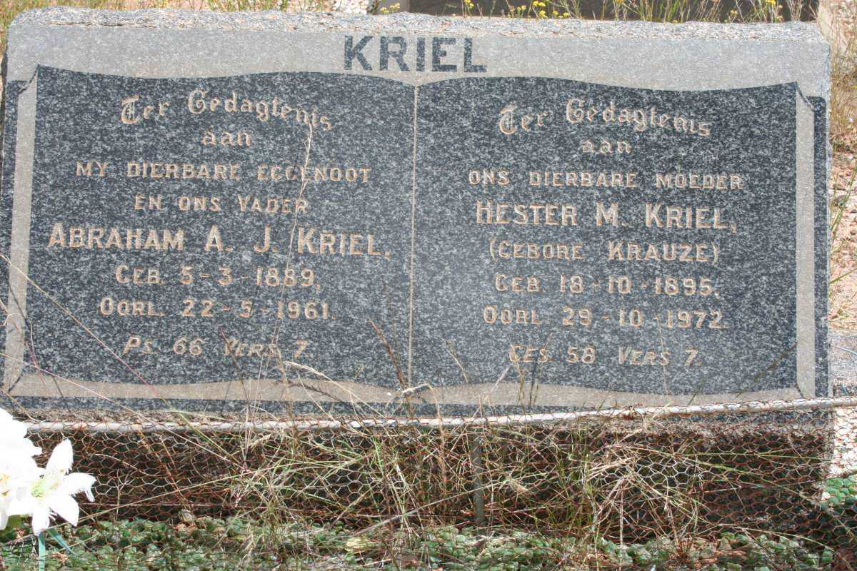 KRIEL Abraham A.J. 1889-1961 &amp; Hester M. KRAUZE 1895-1972