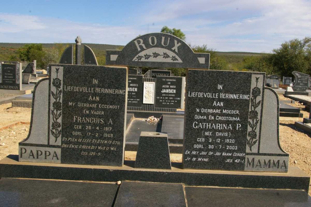 ROUX Francois A. 1917-1969 &amp; Catharina P. DAVIS 1920-2003