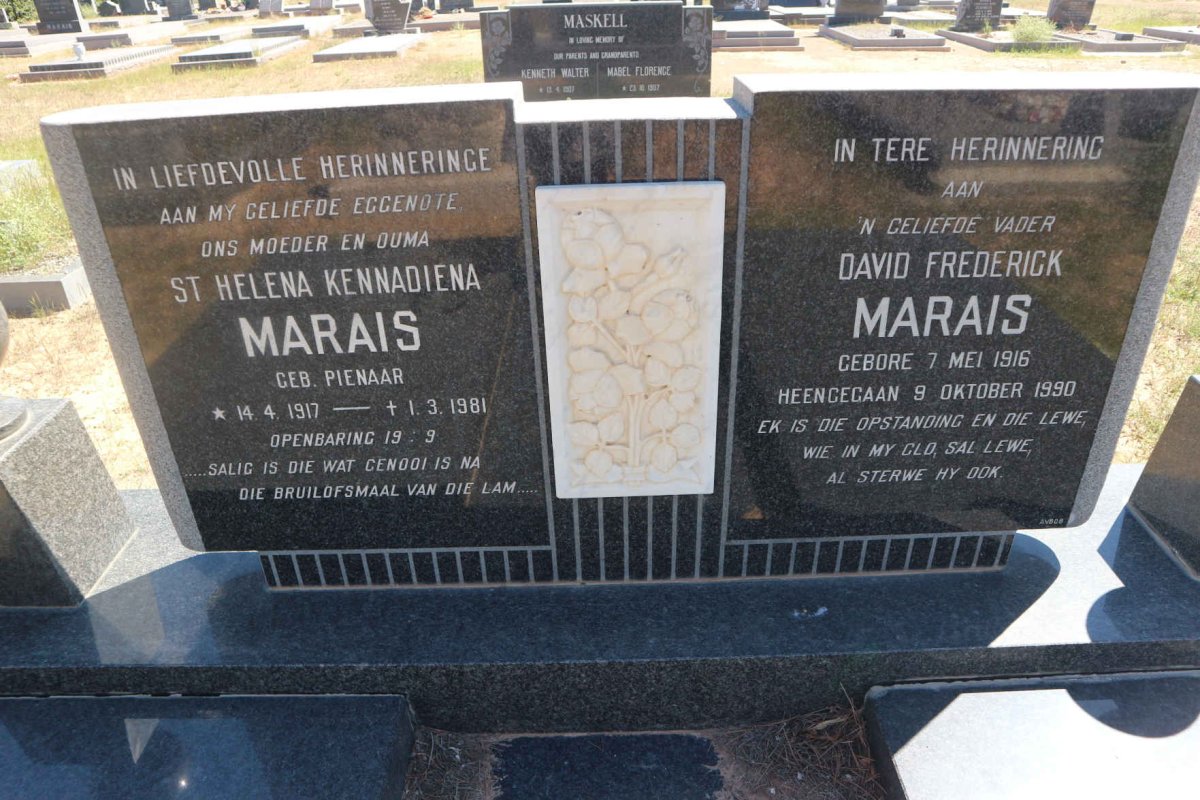 MARAIS David Frederick 1916-1990 &amp; St. Helena Kennadiena PIENAAR 1917-1981