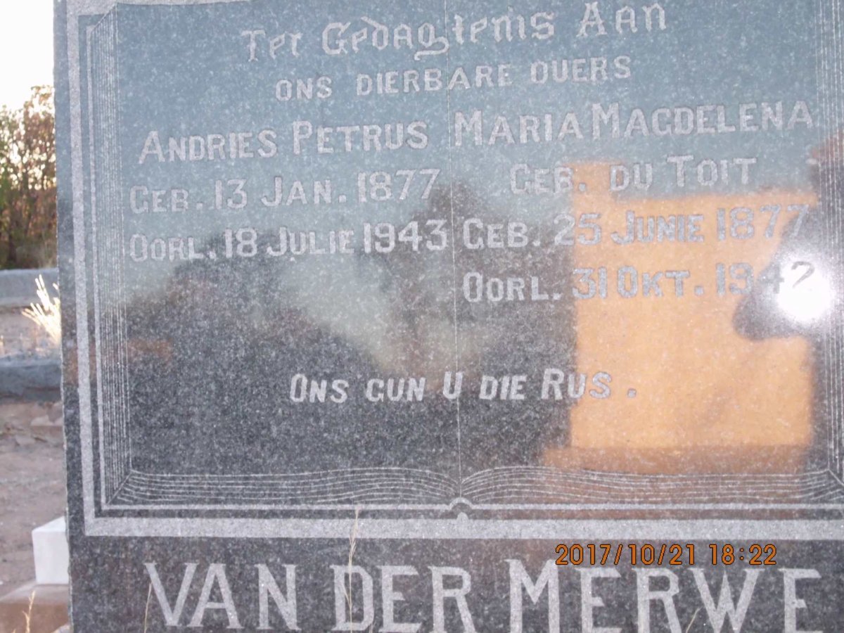 MERWE Andries Petrus, van der 1877-1943 &amp; Maria Magdalena DU TOIT 1877-1942
