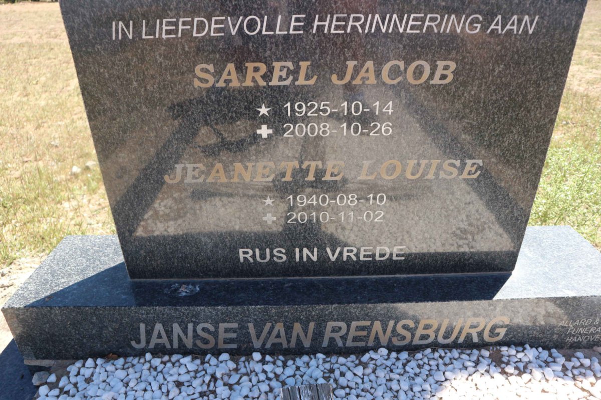 RENSBURG Sarel Jacob, Janse van 1925-2008 &amp; Jeanette Louise 1940-2010