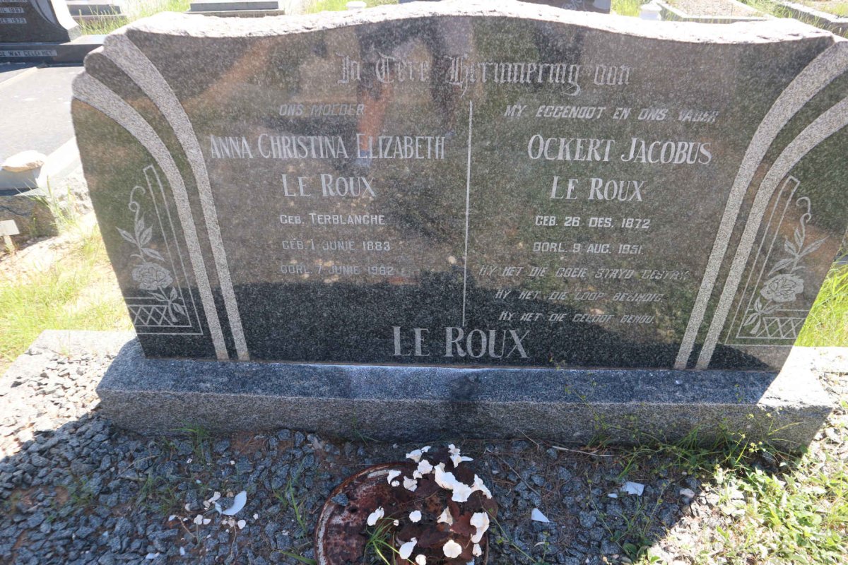 ROUX Ockert Jacobus, le 1872-1951 &amp; Anna Christina Elizabeth TERBLANCHE 1883-1962