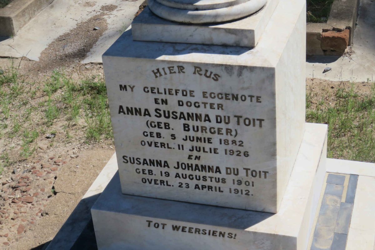 TOIT Anna Susanna, du nee BURGER 1882-1926 :: DU TOIT Susanna Johanna 1901-1912