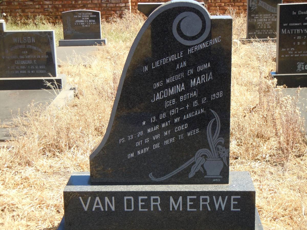 MERWE Jacomina Maria, van der nee BOTHA 1917-1998