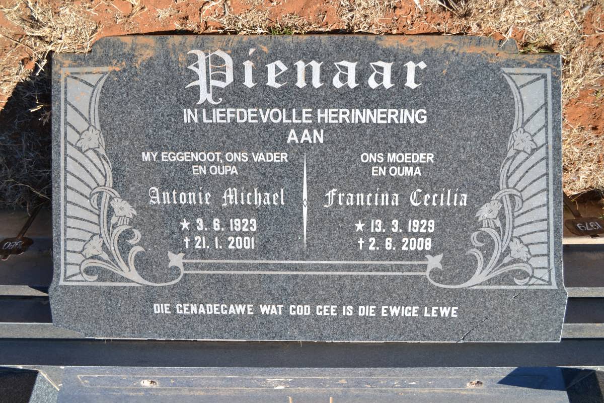 PIENAAR Antonie Michael 1923-2001 &amp; Francina Cecilia 1929-2008