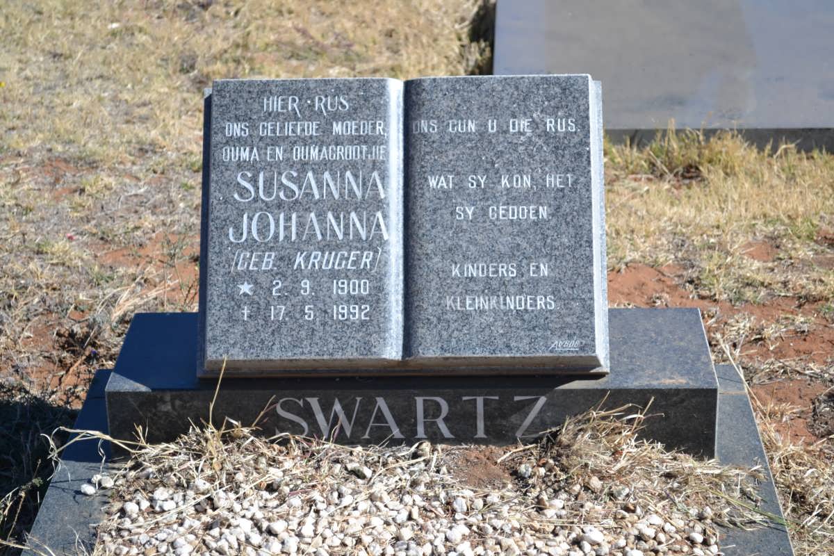 SWARTZ Susanna Johanna nee KRUGER 1900-1992