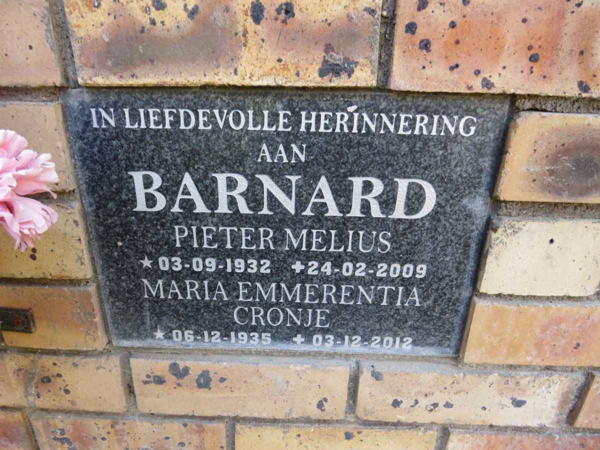 BARNARD Pieter Melius 1932-2009 & Maria Emmerentia nee CRONJE 1935-2012