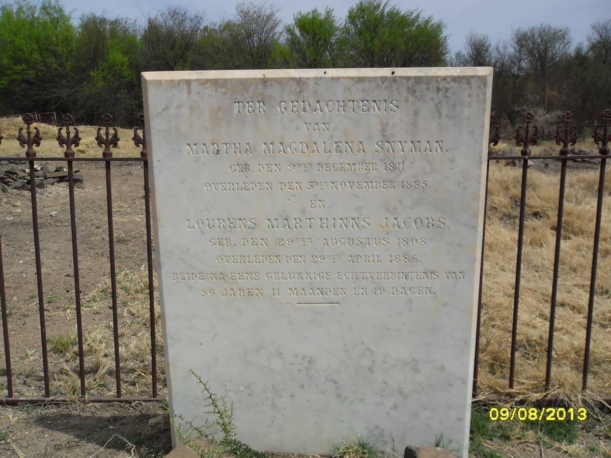JACOBS Lourens Marthinns 1808-1886 &amp; Martha Magdalena SNYMAN 1811-1885