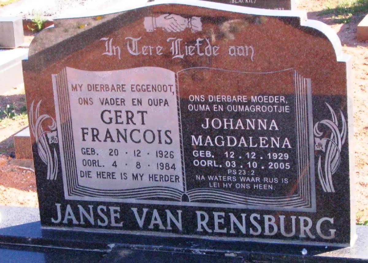 RENSBURG Gert Francois, Janse van 1926-1984 &amp; Johanna Magdalena 1929-2005