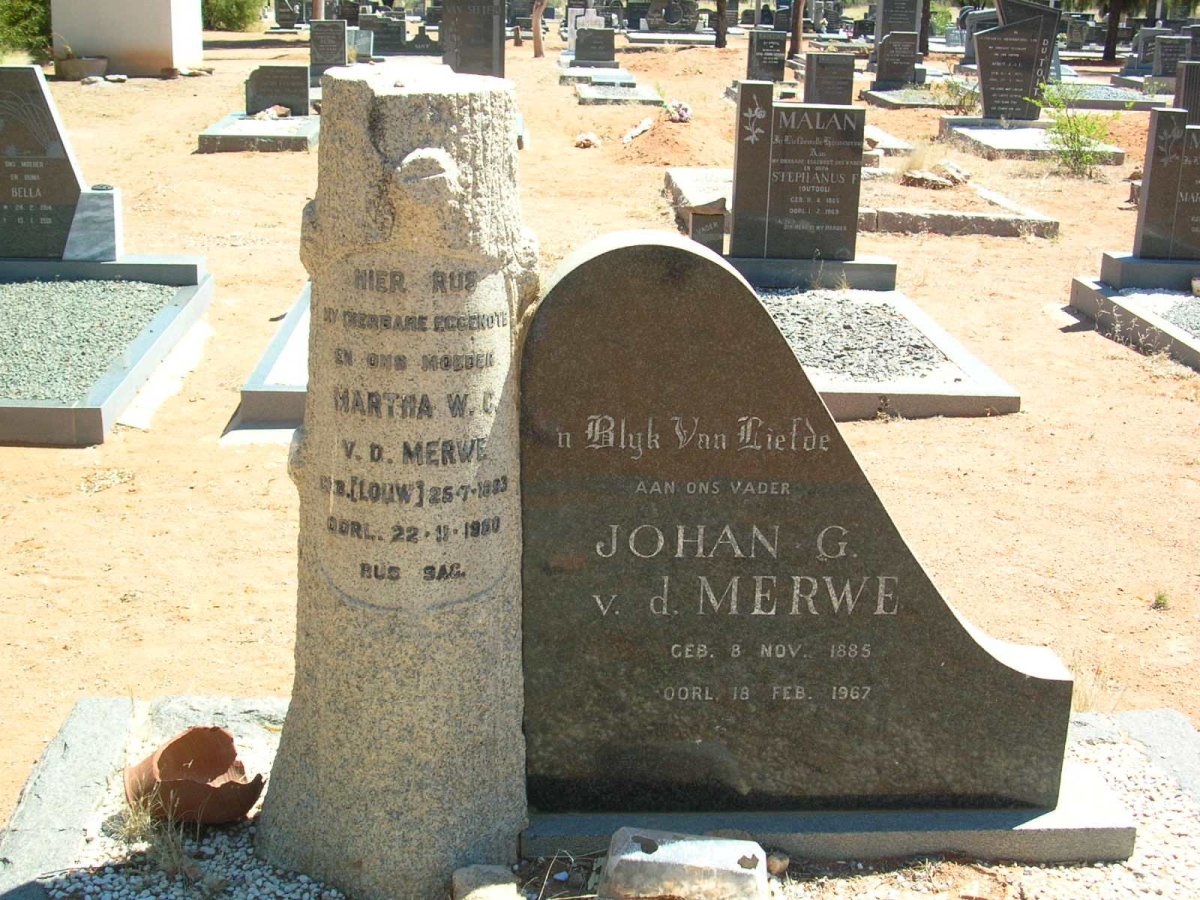 MERWE Johan G., v.d. 1885-1967 &amp; Martha W.C. LOUW 1893-1960