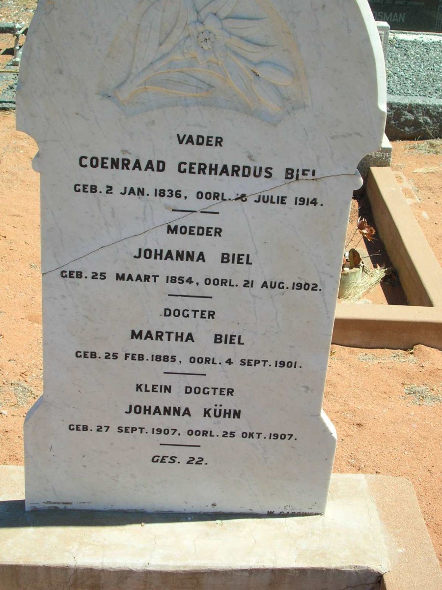 BIEL Coenraad Gerhardus 1836-1914 &amp; Johanna 1854-1902, BIEL Martha 1885-1901, KÜHN Johanna 1907-1907