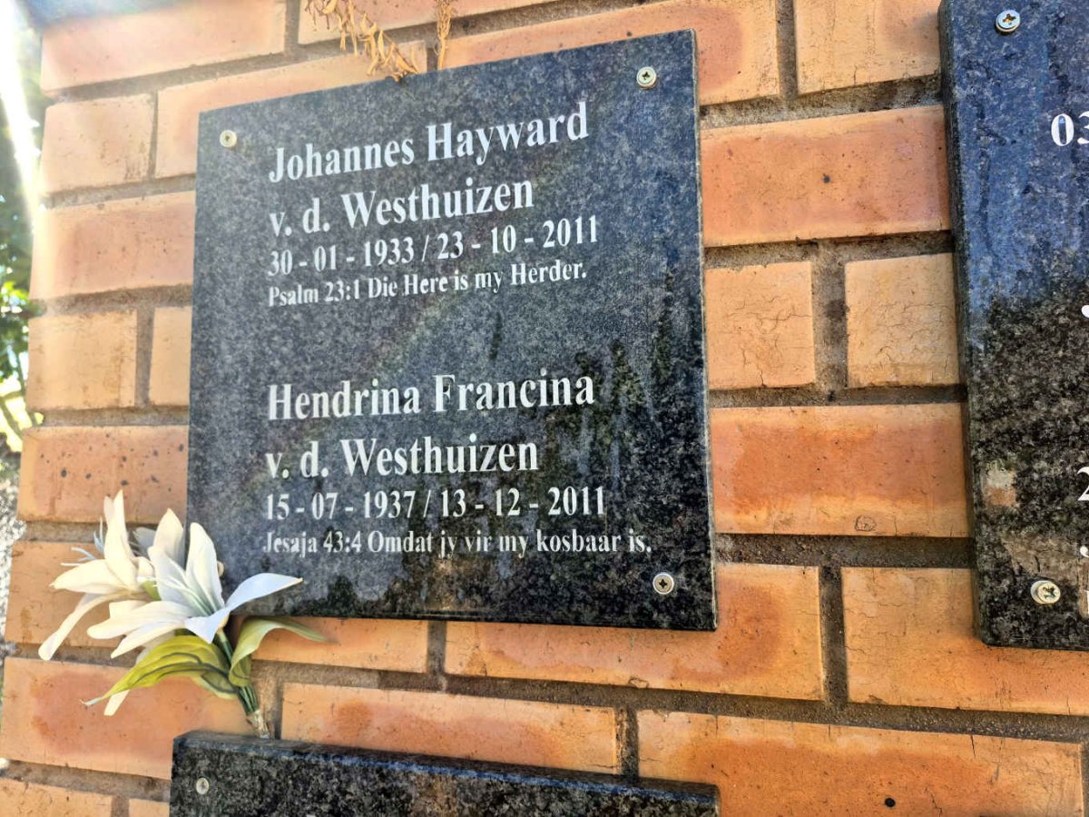 WESTHUIZEN Johannes Hayward, v.d. 1933-2011 & Hendrina Francina 1937-2011