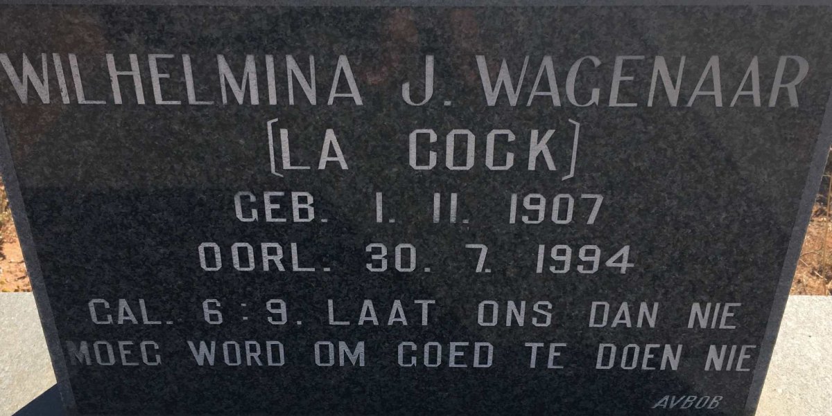WAGENAAR Wilhelmina J. nee LA COCK 1907-1994