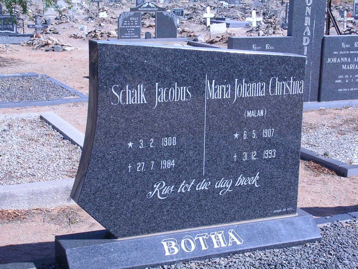 BOTHA Schalk Jacobus 1900-1984 &amp; Maria Johanna Christina MALAN 1907-1993