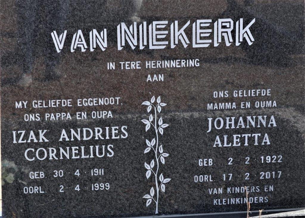NIEKERK Izak Andries Cornelius, van 1911-1999 &amp; Johanna Aletta  1922-2017