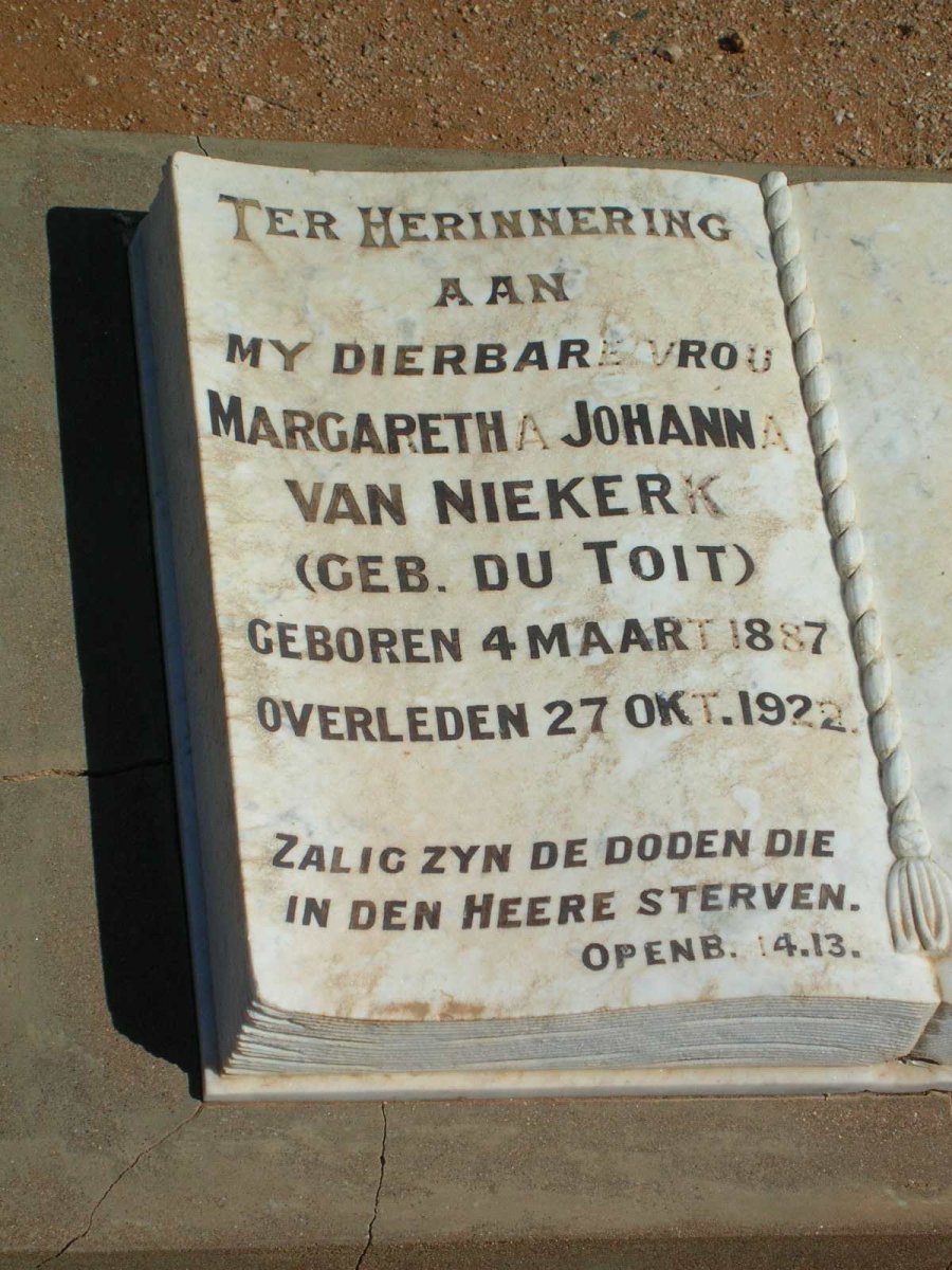 NIEKERK Margaretha Johanna, van geb. DU TOIT 1887-1922