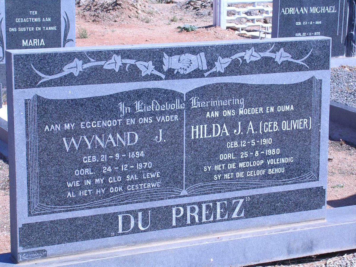 PREEZ Wynand J., du 1894-1970 &amp; Hilda J.A. OLIVIER 1910-1980