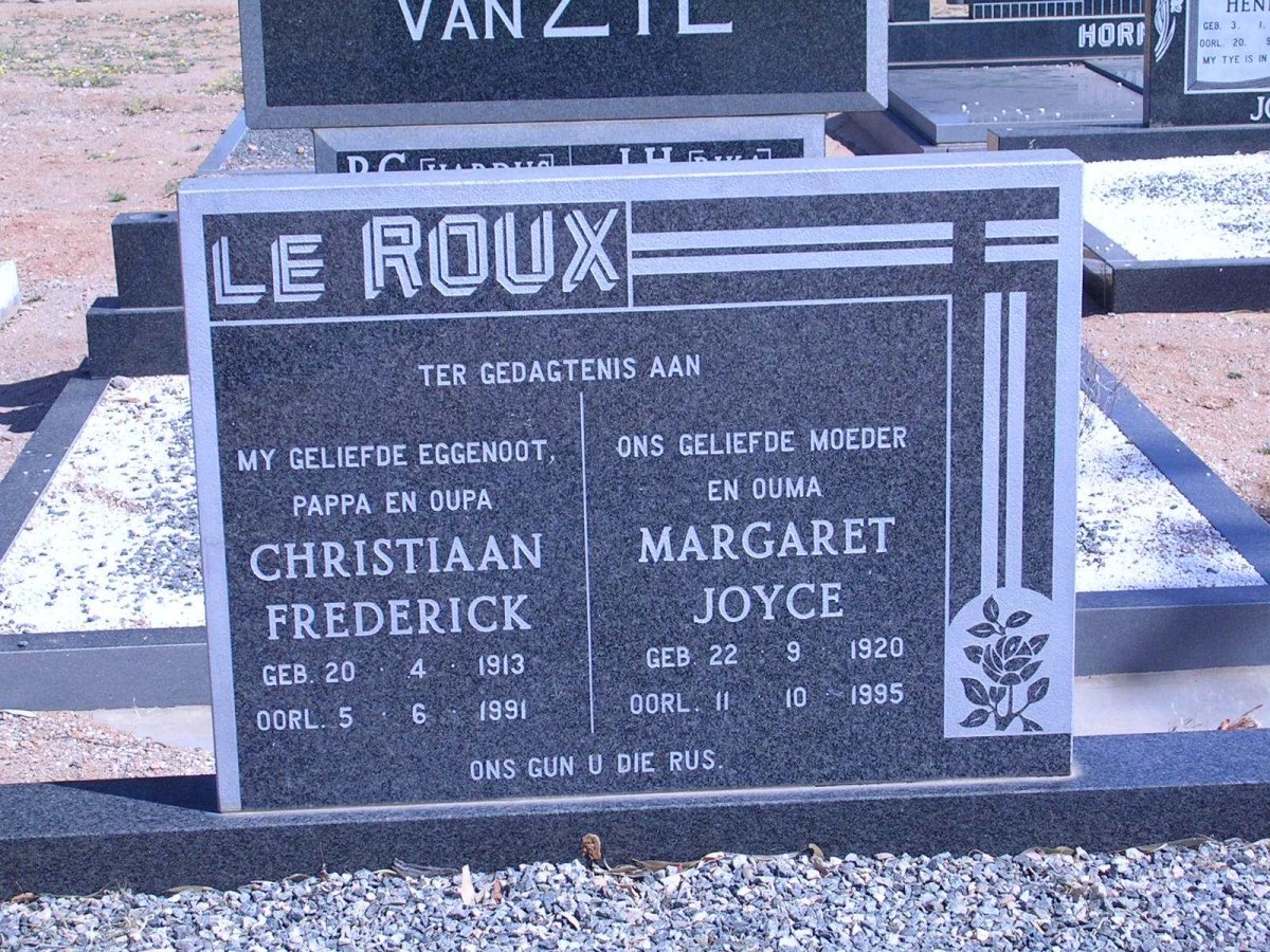 ROUX  Christiaan Frederick, le 1913-1991 &amp; Margaret Joyce 1920-1995