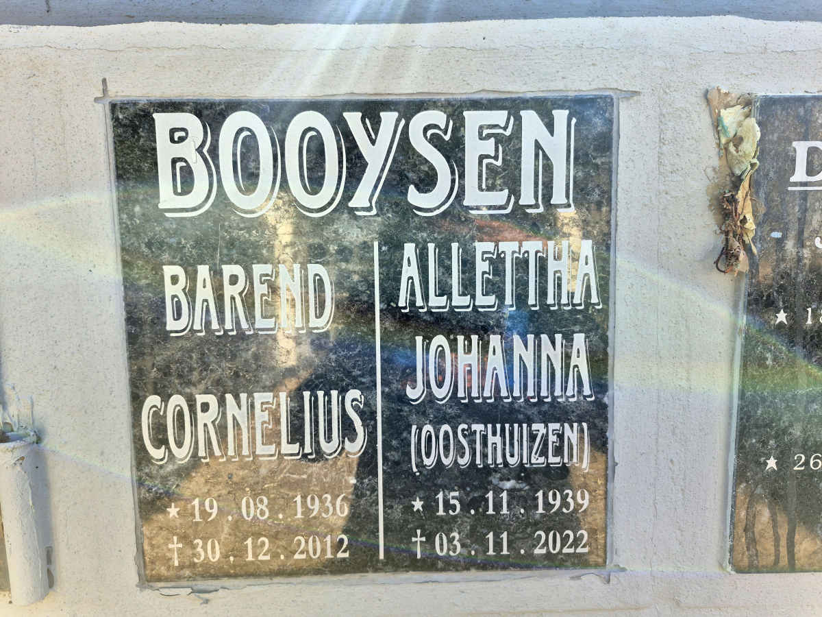 BOOYSEN Barend Cornelius 1936-2012 & Allettha Johanna OOSTHUIZEN 1939-2022