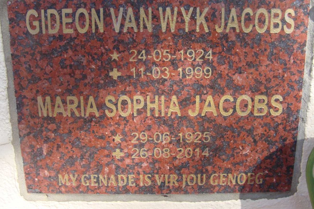 JACOBS Gideon Van Wyk 1924-1999 &amp; Maria Sophia 1925-2014