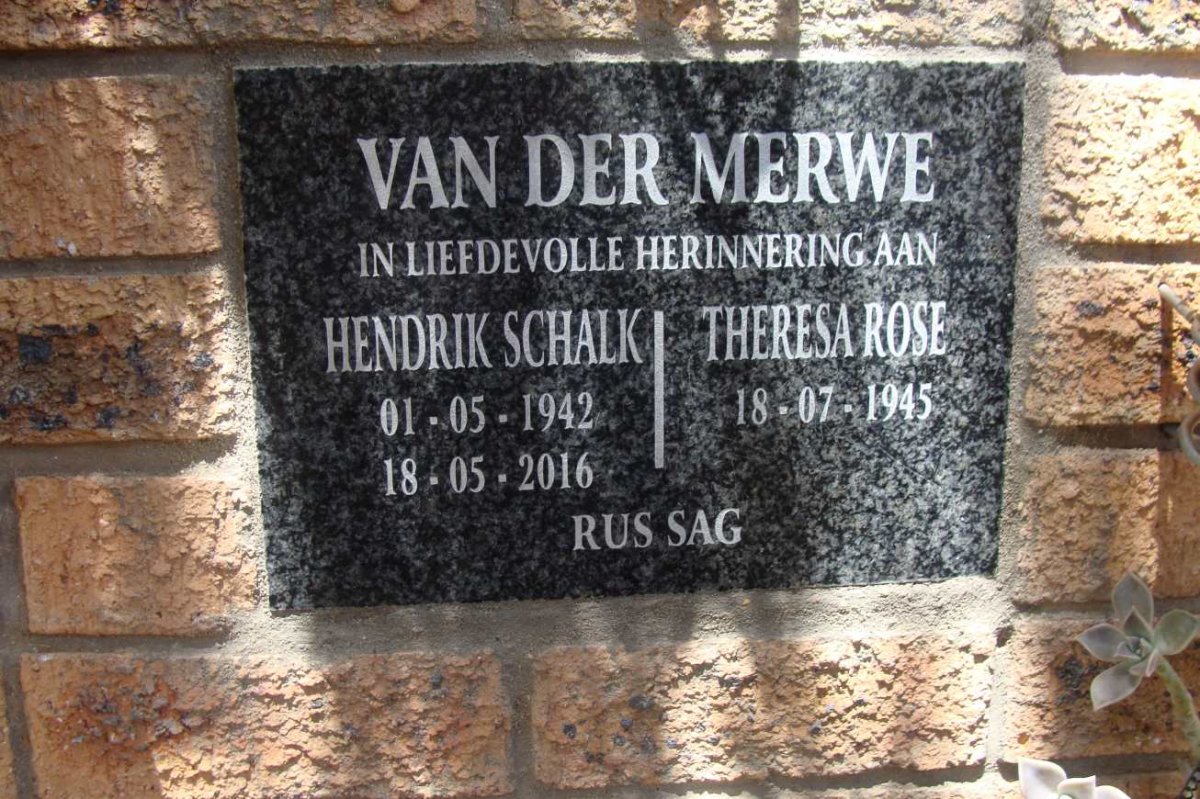 MERWE Hendrik Schalk, van der 1942-2016 &amp; Theresa Rose 1945-