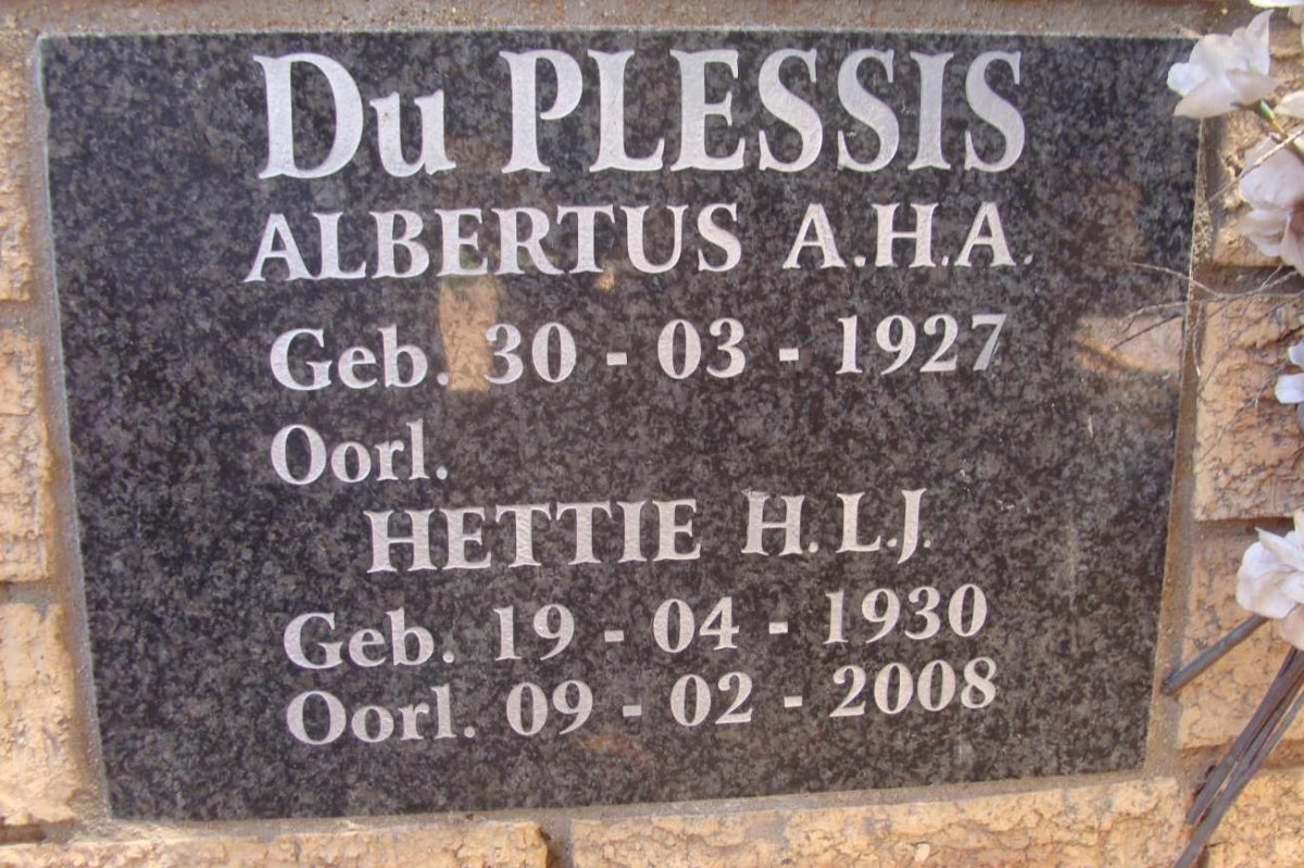 PLESSIS Albertus A.H.A., du 1927- &amp; Hettie H.L.J. 1930-2008