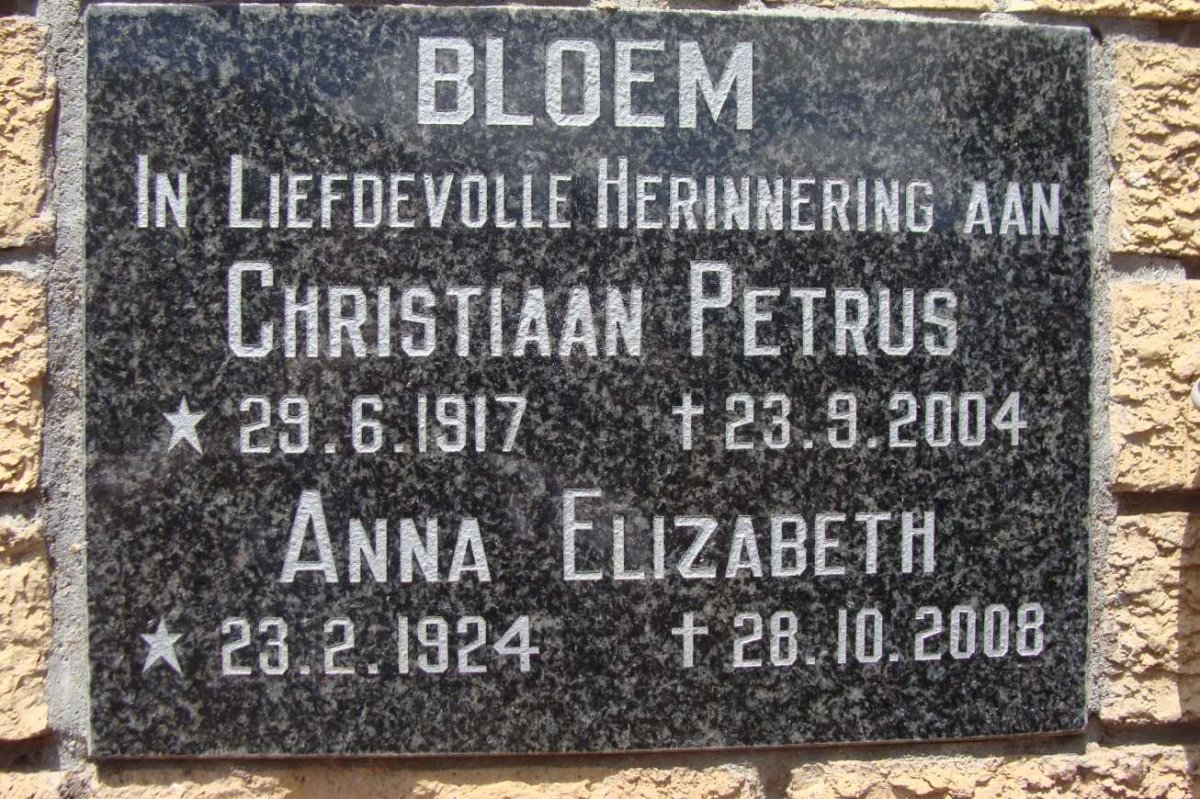 BLOEM Christiaan Petrus 1917-2004 &amp; Anna Elizabeth 1924-2008