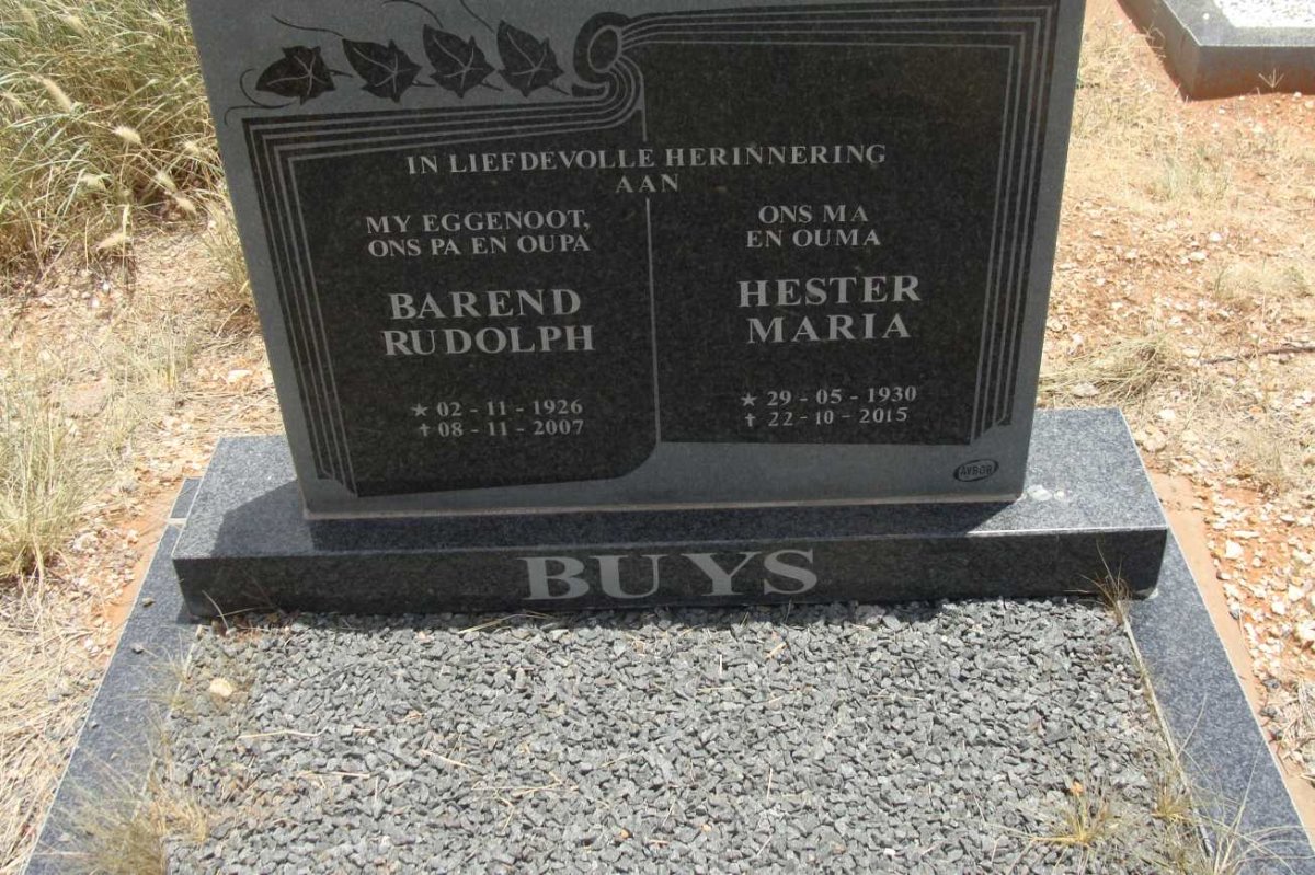 BUYS Barend Rudolph 1926-2007 &amp; Hester Maria 1930-2015
