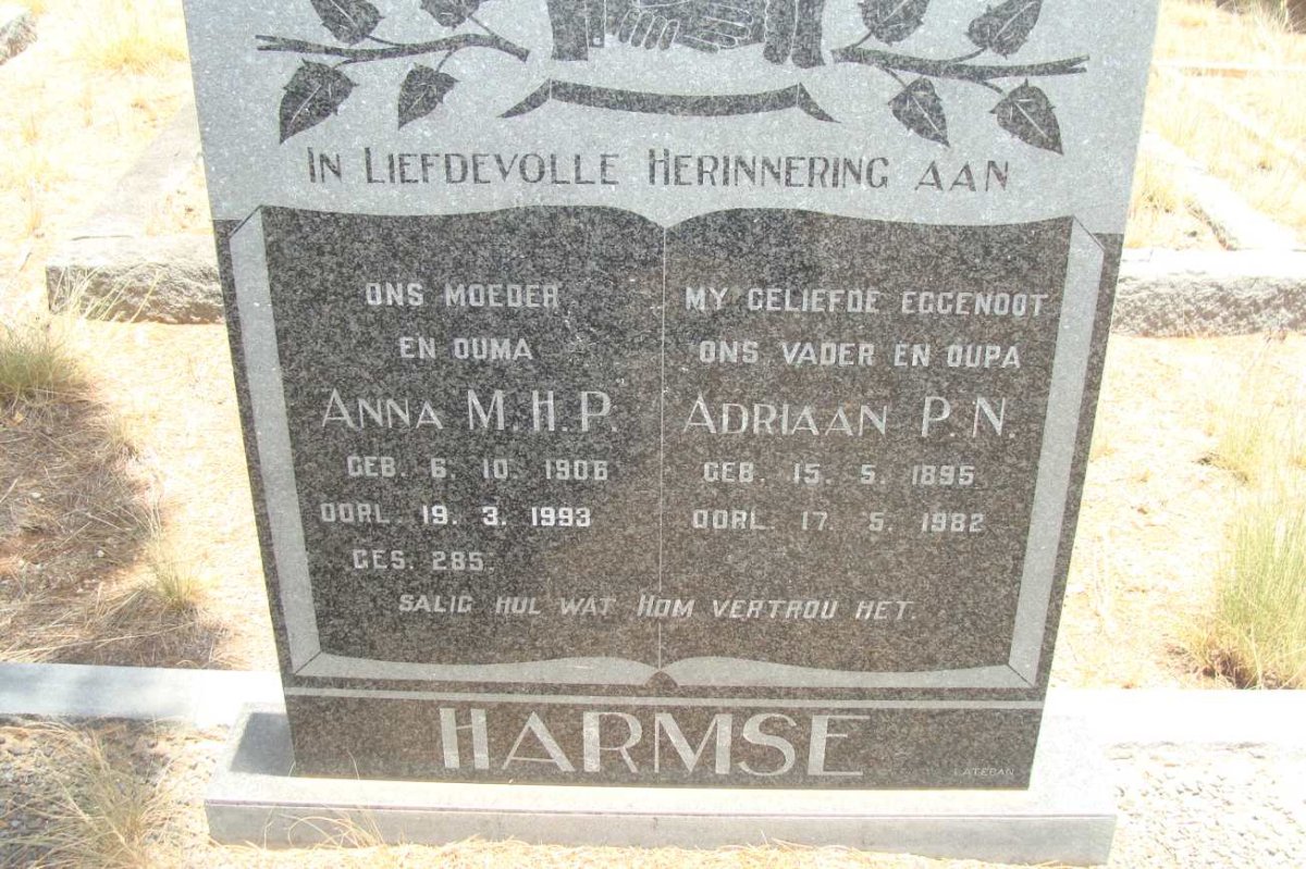 HARMSE Adriaan P.N. 1895-1982 &amp; Anna M.H.P. 1906-1993