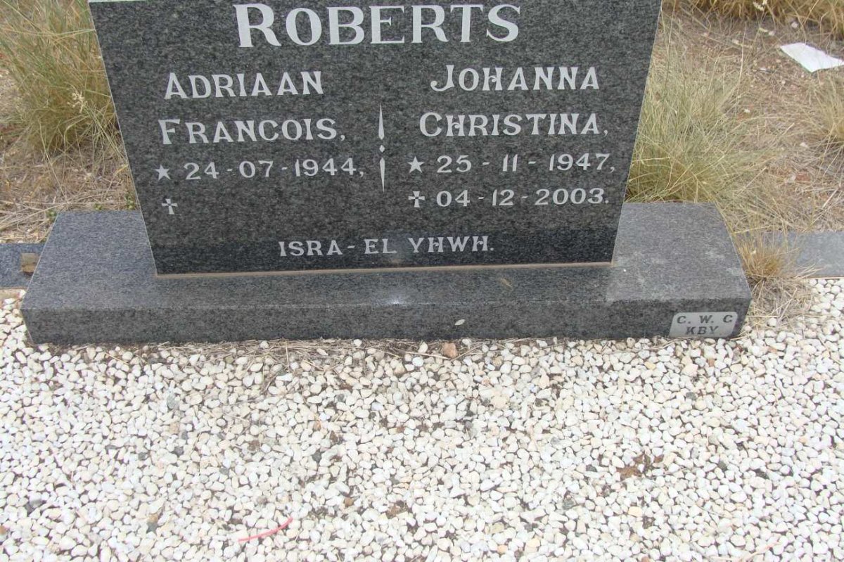 ROBERTS Adriaan Francois 1944- &amp; Johanna Christina 1947-2003