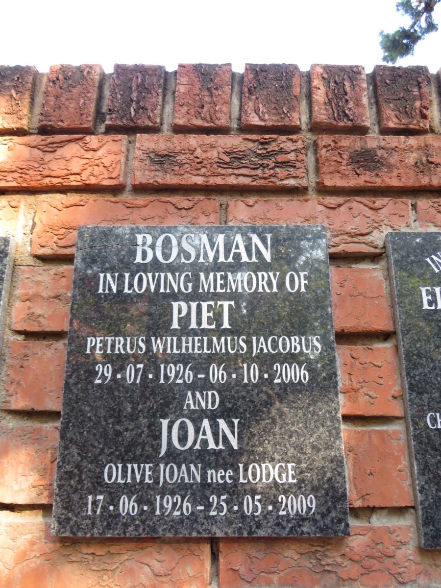 BOSMAN Petrus Wilhelmus Jacobus 1926-2006 & Olive Joan LODGE 1926-2009